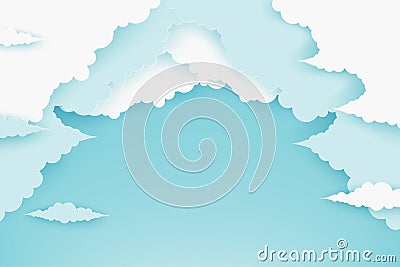 Paper fluffy clouds in blue sky. Modern 3d paper cut style background in pastel colors Vector Illustration