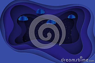 Paper fluffy clouds and shining stars in midnight. Vector Illustration