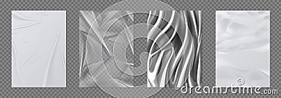 Paper and foil set. Crumpled white paper and transparent plastic tape, silver foil realistic textures. Vector 3D metal Vector Illustration