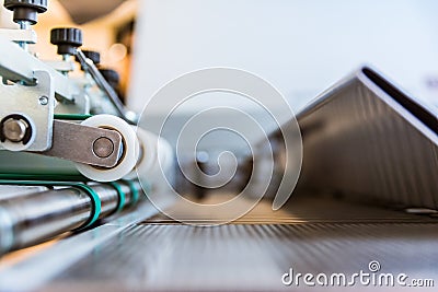 Paper Folding Machine Transfer Wheels Rollers Engineering Machinery Print Production Letter Sheet Moving Screws Adjustments Close Stock Photo