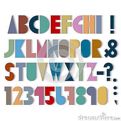 Paper font, numbers and punctuation mark with shadows Vector Illustration