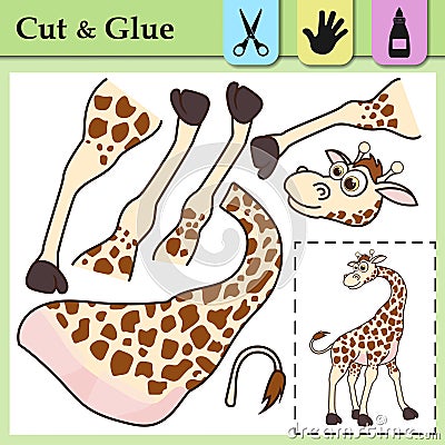 Paper game for kids. Create the applique cute Giraffe. Cut and glue. African animal. Education logic game for preschool kids. Vector Illustration