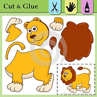 Paper game for kids. Create the applique cute Lion. Cut and glue. African animal. Education logic game for preschool kids. Vector Illustration