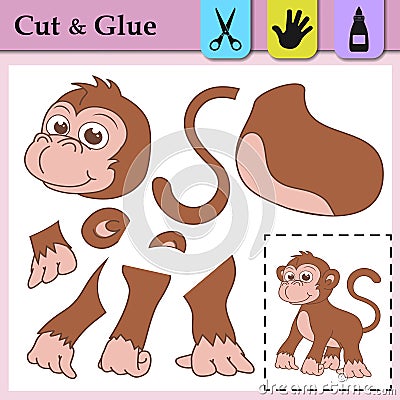 Paper game for kids. Create the applique cute Monkey. Cut and glue. Wild animal. Education logic game for preschool kids. Vector Illustration