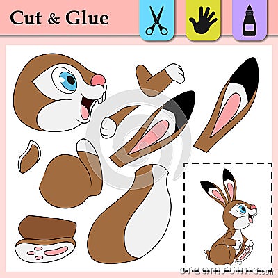 Paper game with smiling Hare. Create the applique cute Rabbit. Cut and glue. Forest animal. Education logic game for kids. Vector Illustration