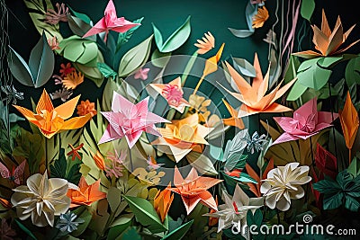 paper garden, with origami flowers and foliage Stock Photo