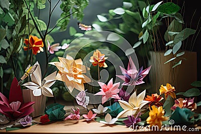 paper garden, with origami flowers and foliage Stock Photo