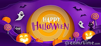 Paper Graphic of Happy Halloween fun party celebration background design. Halloween elements Vector Illustration