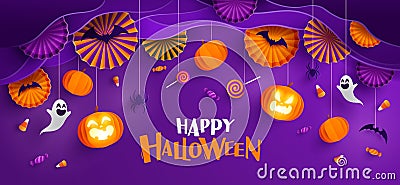 Paper Graphic of Happy Halloween fun party celebration background design. Halloween elements Vector Illustration