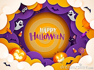 Paper Graphic of Happy Halloween fun party celebration background design. Halloween elements Vector Illustration