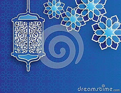 Paper graphic of islamic lantern and stars. Vector Illustration
