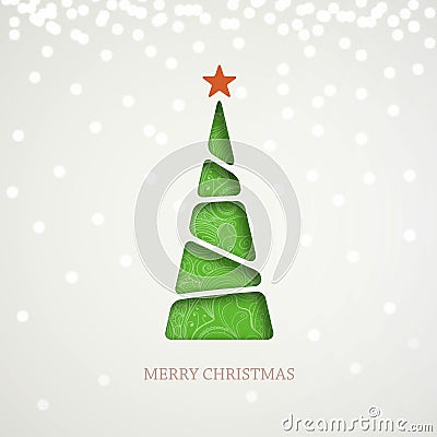 Paper green Christmas tree on light background with sparkle, shine and shadow. Vector Illustration