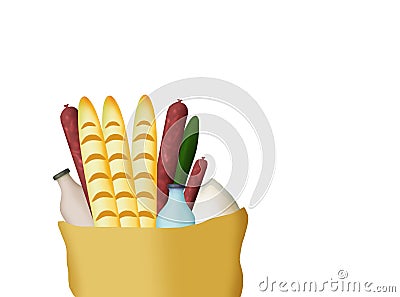 Paper groceries bag with french loaf,sausage,mild bottle,flour pack and cucumber illustration isolated on white Cartoon Illustration