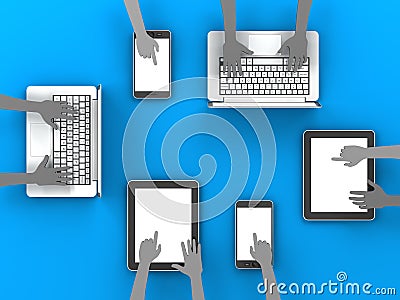 Paper hands clicking gadgets with copyspace, 3d render Stock Photo