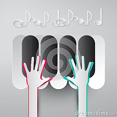 Paper Hands Playing Piano Keyboards with Notes Vector Illustration