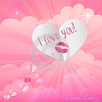 Paper heart with lipstick kiss print on pink background with clo Cartoon Illustration