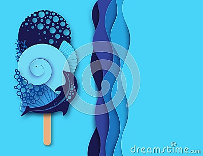 Paper ice cream made of dolphin, sea wave, coral and sea shell. Vector Illustration