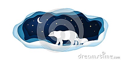 Paper illustration with polar bears going at night on the north pole. Vector Illustration