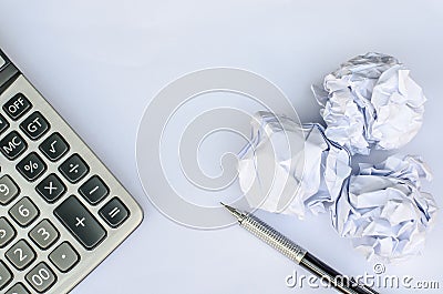 Paper junk and calculator , pencil with new paper on table for Stock Photo