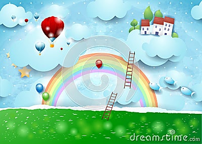 Paper landscape with clouds, stairways and flying village Cartoon Illustration