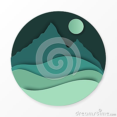 Paper landscape with hills, mountains, moon. Vector Illustration