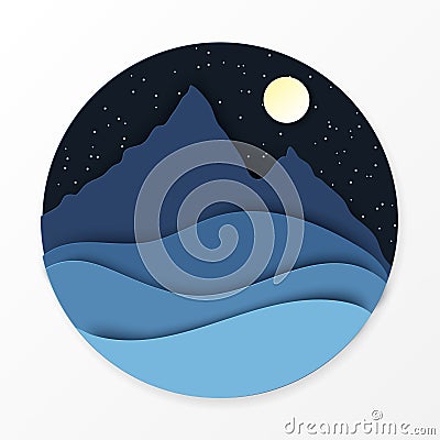 Paper landscape with hills, mountains, moon and stars. Vector Illustration