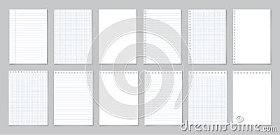 Paper with line and grid. Page of school notebook. White sheet for note. Notepad with texture. Template of notepaper isolated on Vector Illustration
