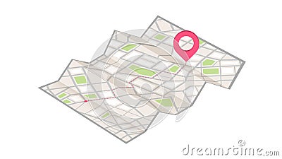 Paper map with red points. Local street gps navigate. City route navigation to marker. Geography distance plan. Vector Vector Illustration