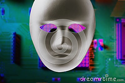 Paper mask on the background of a computer motherboard. Concept on the topic of anonymous hacking of computer systems Stock Photo
