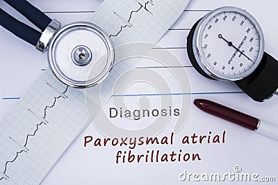 Paper medical release form with diagnosis Paroxysmal atrial fibrillation from category Cardiac arrhythmia diseases with ECG and st Stock Photo