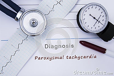 Paper medical release form with diagnosis of Paroxysmal tachycardia from category Cardiac arrhythmia diseases with printed ECG, st Stock Photo