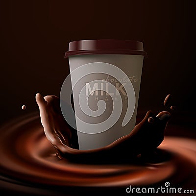 Paper milkshake cup with chocolate milk crown splash Vector Illustration