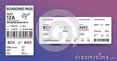 Paper and mobile boarding pass. Responsive design of air ticket. Airline data card mockup. Flight check-in document template. Stock Photo