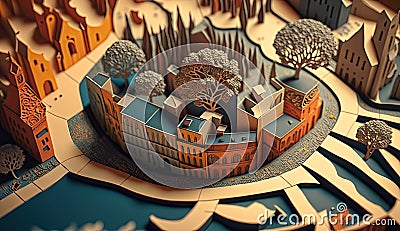 Paper model, maquette of non-existent city buildings in round central square, small houses in center. AI generative Stock Photo