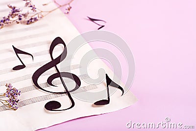 Paper musical clef and paper notes on a sheet of music and dry flowers Stock Photo