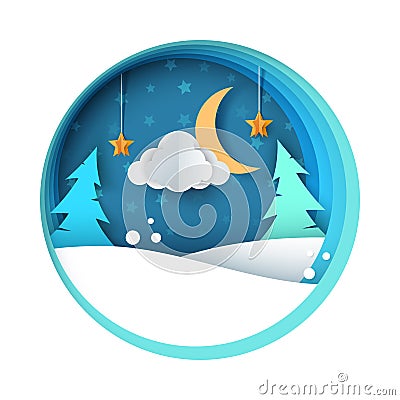 Paper night illustration. Fir, moon, cloud, snow, star. Vector Illustration