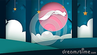 Paper night landscape. Squirrel jump illustration. Star, forest, tree, moon. Vector Illustration