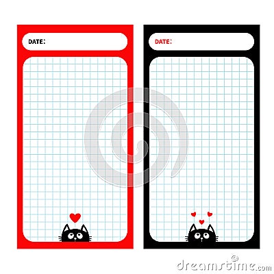 Paper Note Planner set. Cell texture. To do list Organizer Schedule template. Kids style. Empty place for notes. Black cat, red he Vector Illustration