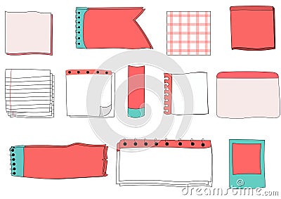 Paper note set.Blank notes with tape and stickers. Vector Illustration