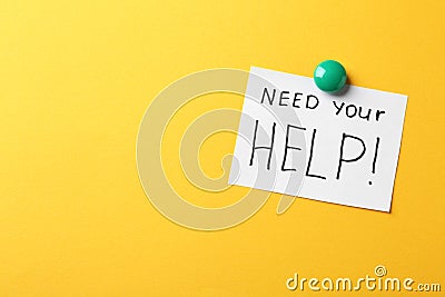 Paper note with words NEED YOUR HELP on color background. Stock Photo