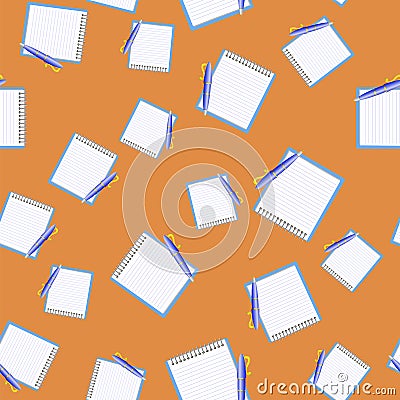 Paper Notebook and Blue Pen Seamless Pattern Vector Illustration