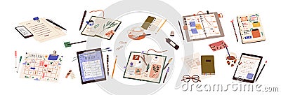 Paper notebooks, notepads, diaries set. Planners, organizers, to-do lists, calendars and scrapbooks for plans, memo Vector Illustration