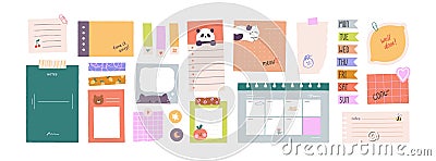 Paper notes, blank notebook pages, stickers, torn notepad sheets, tapes, lists, tags and schedule. Planning stationery Vector Illustration