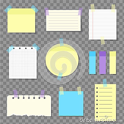 Paper notes on stickers, notepads and memo messages torn paper sheets.Concept of office notepads and information boards Vector Illustration