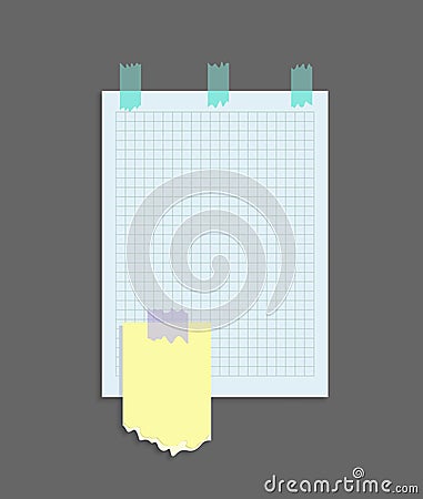 Paper notes stickers. Place for memo messages on paper sheets. Attached with sticky colorful tape on grey background Vector Illustration