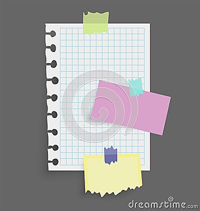 Paper notes stickers. Place for memo messages on paper sheets. Attached with sticky colorful tape on grey background Vector Illustration