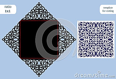 Paper openwork square greeting card, wedding congratulation, template for cutting, lace imitation, cut on plotter, Vector Illustration