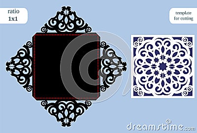 Paper openwork square greeting card, wedding invitation, template for cutting, lace imitation, cut on plotter, metal plate cut b Vector Illustration