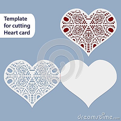 Paper openwork wedding card, heart shape, greeting postcard, template for cutting, lace imitation, gift on Valentine's Day Vector Illustration