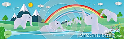 Paper Origami Concept, Elephants elephants family at the watering hole, abstract background composed of white paper clouds and sun Vector Illustration